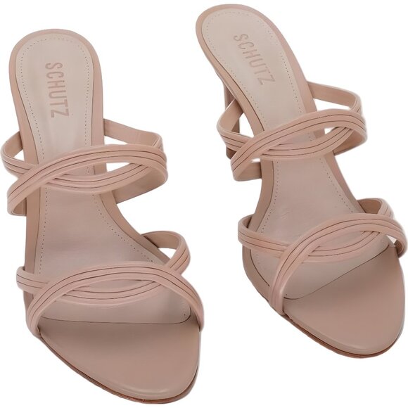 Schutz Brynn strappy heeled sandals True Beige slip-on dressy mule US 9M - Picture 1 of 6
